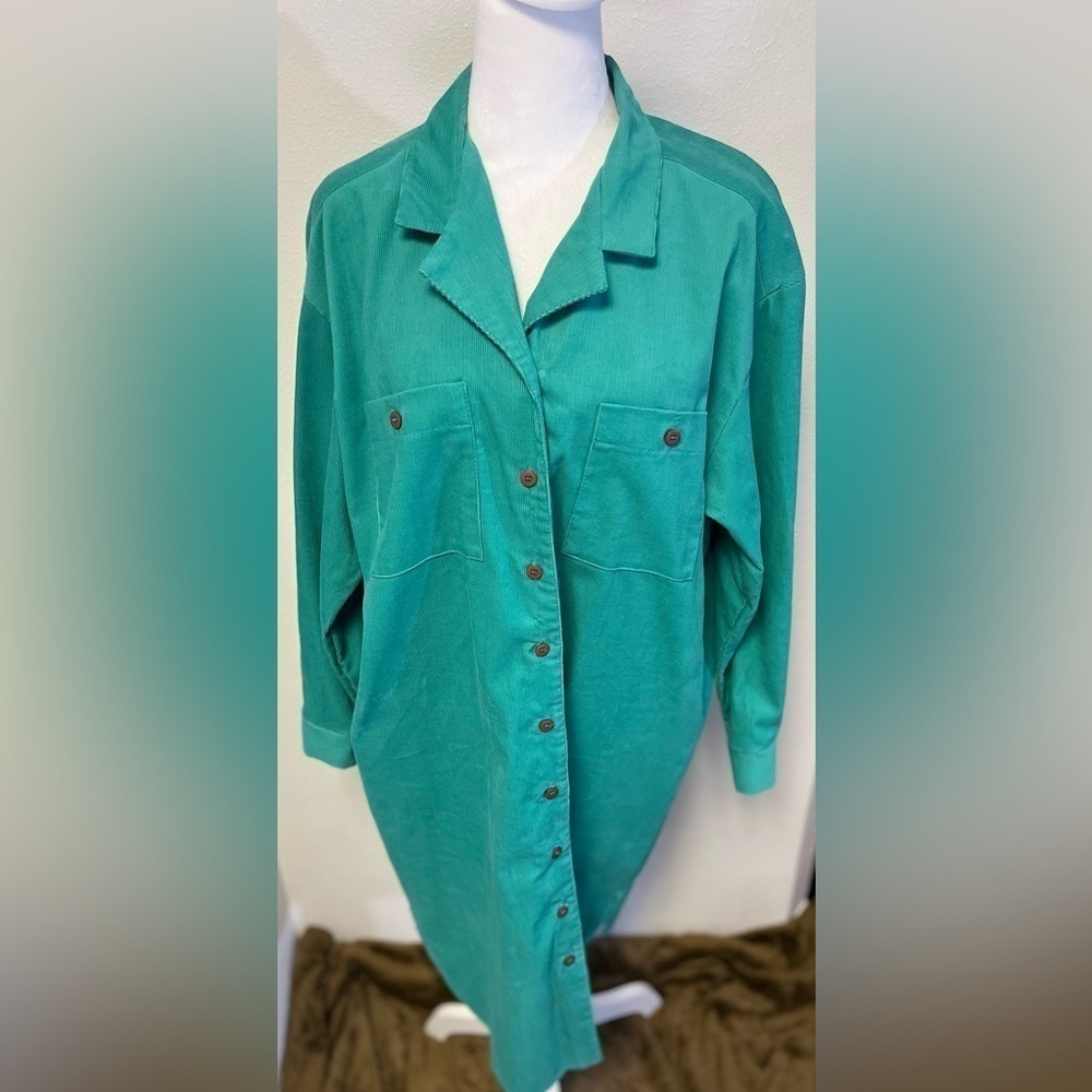 Vintage DonnKenny Corduroy Teal Button Up Dress or Wear Open as Duster Jacket